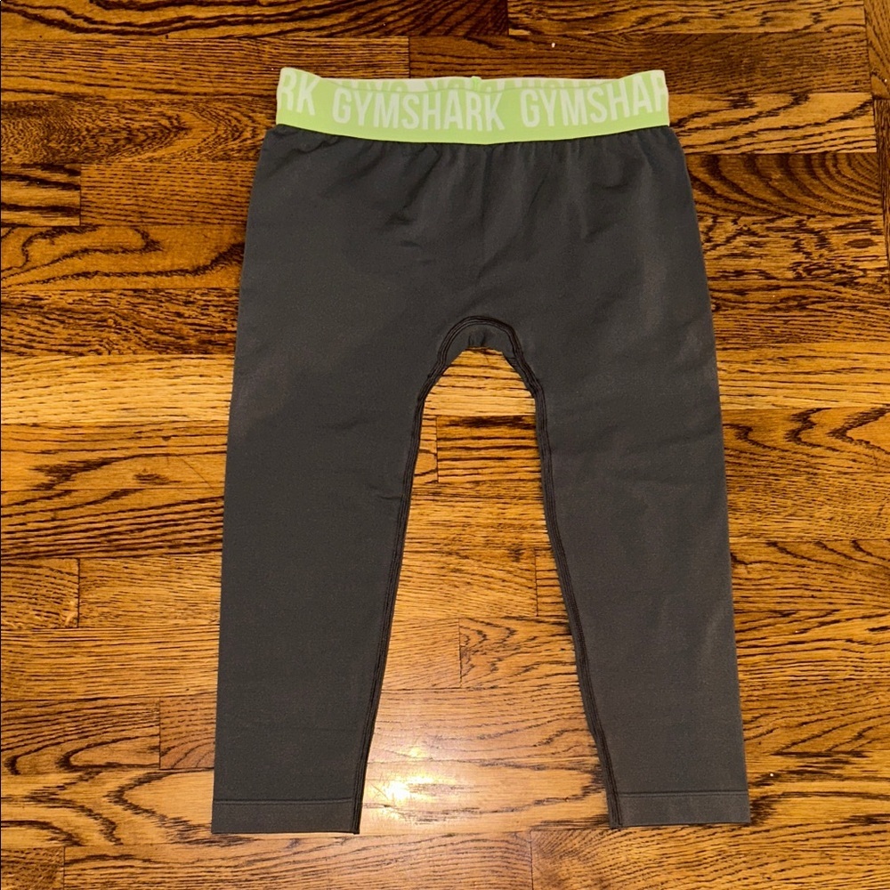 Gymshark Charcoal Gray Capri Leggings with Green Waistband